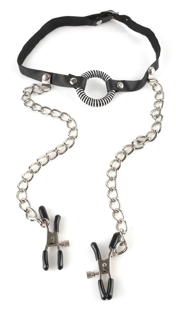 O-Ring Gag mit Nippelklemmen, schwarzes BDSM-Accessoire, strapazierfähiges Leder und Edelstahl, für fetish Spiele, PPH Onlinehandel