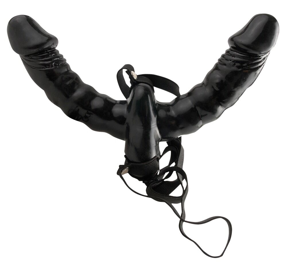 Doppelter Delight Strap-On-Vibrator von PPH Onlinehandel, detailreiche Sicht auf das Silikon-Design und die verstellbare Gurtschlaufe