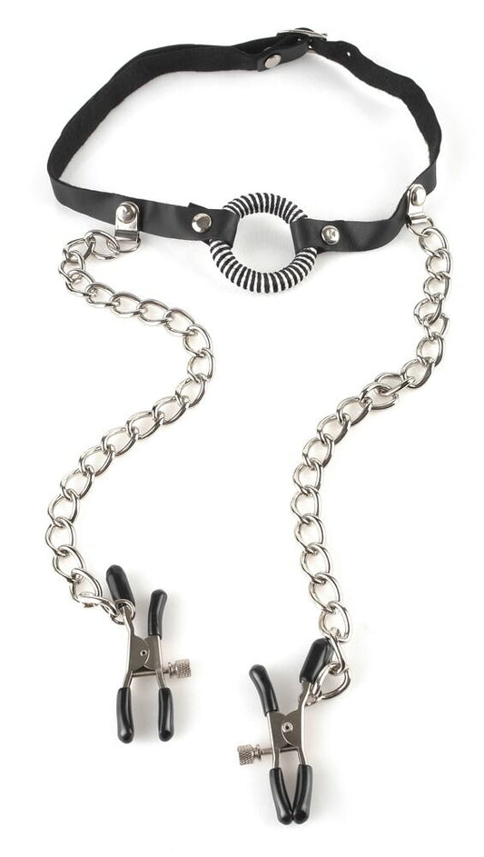 O-Ring Gag mit Nippelklemmen, schwarzes BDSM-Accessoire, strapazierfähiges Leder und Edelstahl, für fetish Spiele, PPH Onlinehandel