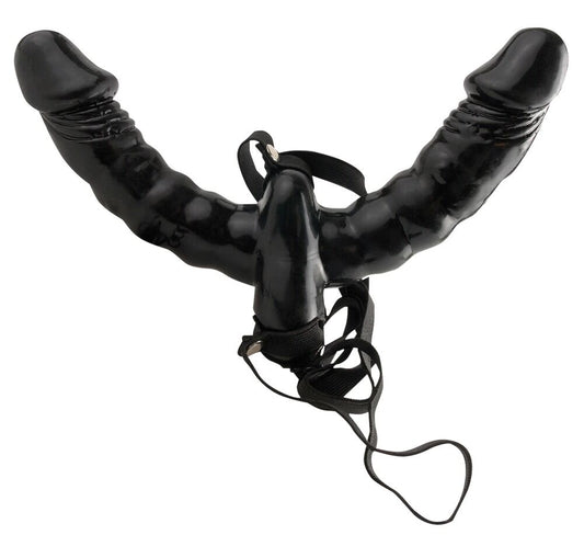 Doppelter Delight Strap-On-Vibrator von PPH Onlinehandel, detailreiche Sicht auf das Silikon-Design und die verstellbare Gurtschlaufe