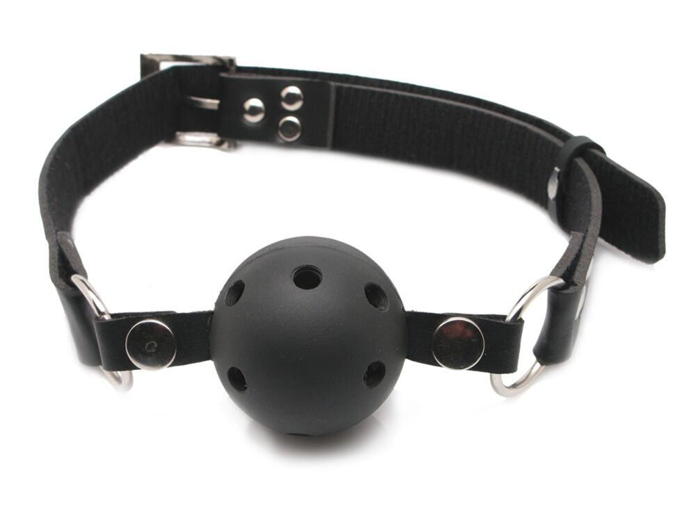 Atmungsaktives Ball-Gag aus Leder, mit Riemen und Schnallen, für BDSM-Spiel, von PPH Onlinehandel, auf weißem Hintergrund.