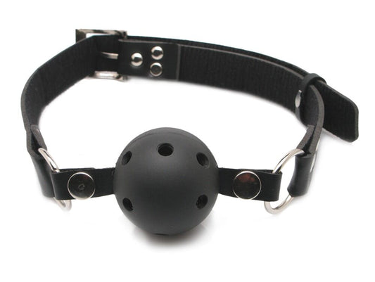 Atmungsaktives Ball-Gag aus Leder, mit Riemen und Schnallen, für BDSM-Spiel, von PPH Onlinehandel, auf weißem Hintergrund.