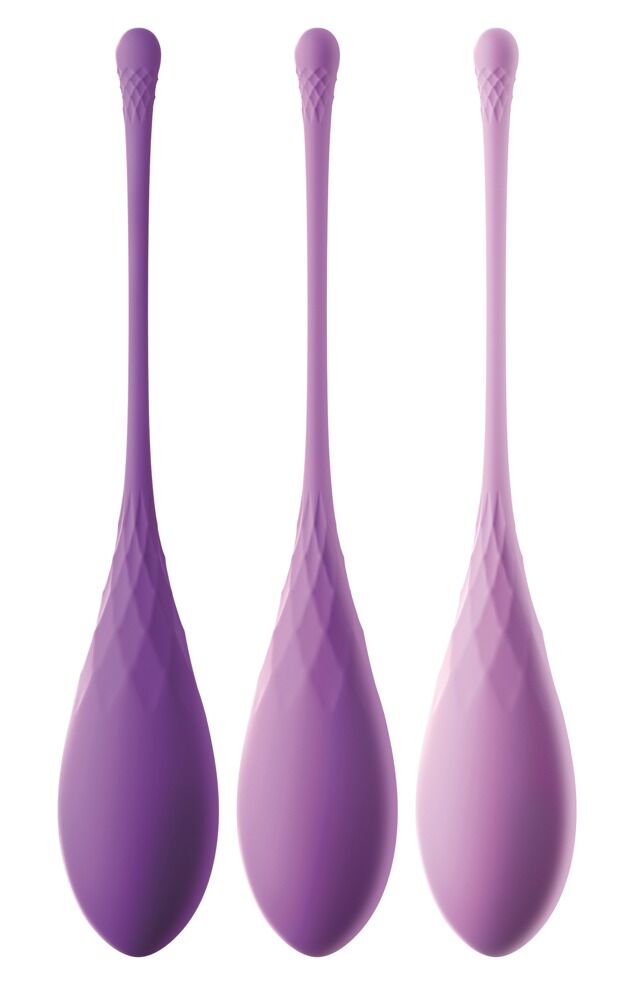Kegel Trainingsset von PPH Onlinehandel mit verschiedenen Kegeln in unterschiedlichen Größen und Farben auf weißem Hintergrund.